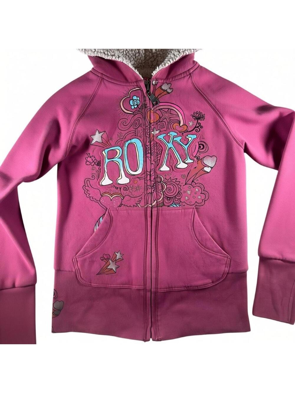 Y2K Roxy Sherpa Lined Pink Graphic Zip Hoodie